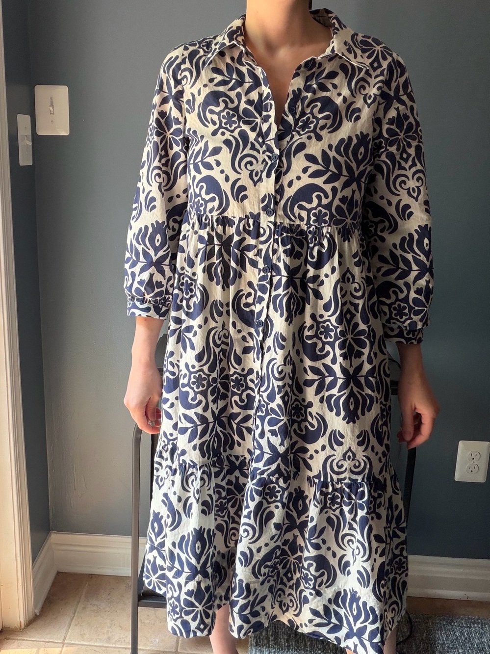 Zara Navy and White Floral Button-Front Dress